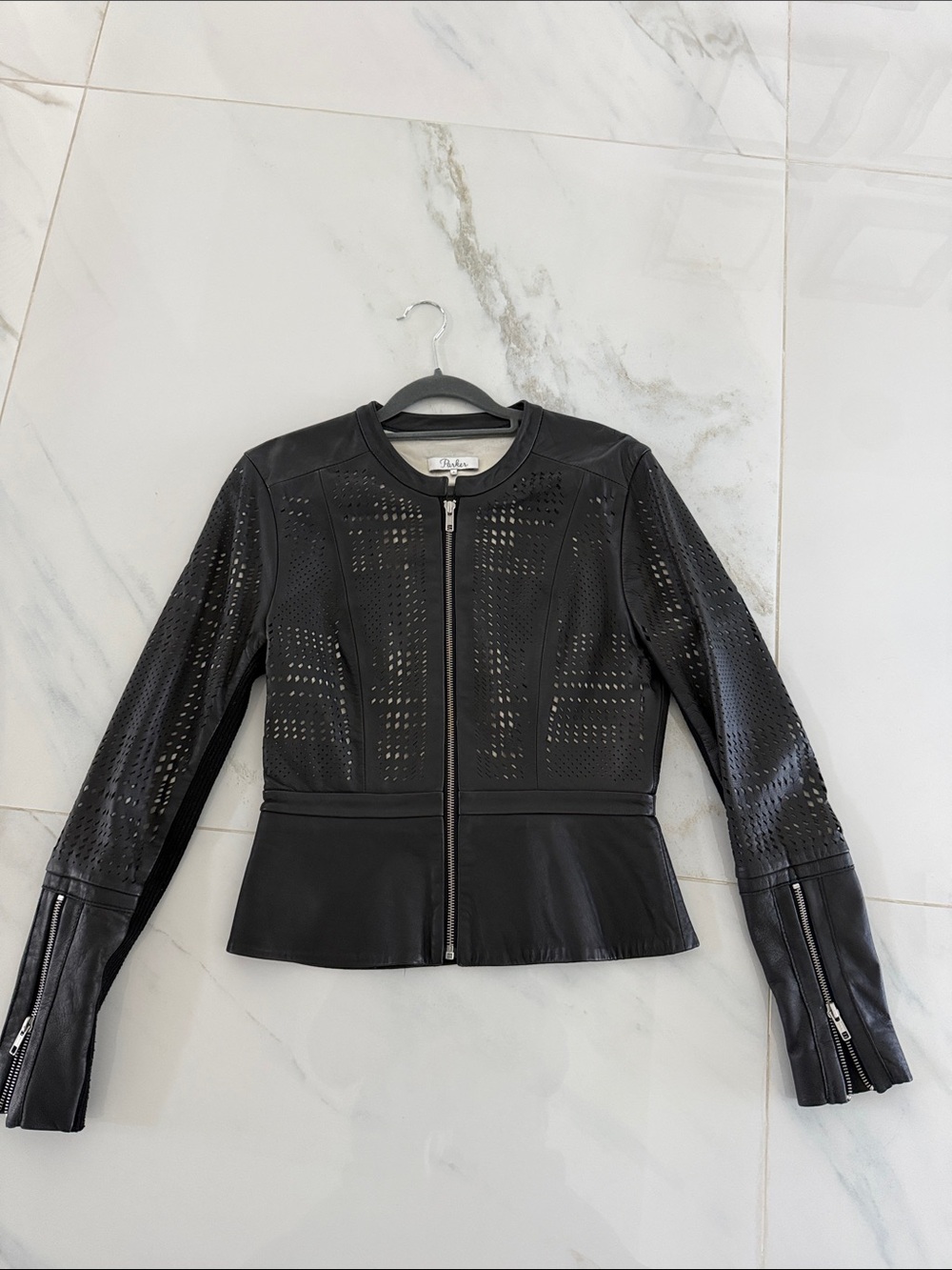 Parker Black Perforated Leather Peplum Jacket